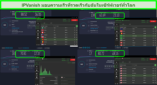 สกรีนช็อตของการทดสอบความเร็ว 4 ครั้งขณะเชื่อมต่อกับเซิร์ฟเวอร์ IPVanish ต่างๆ