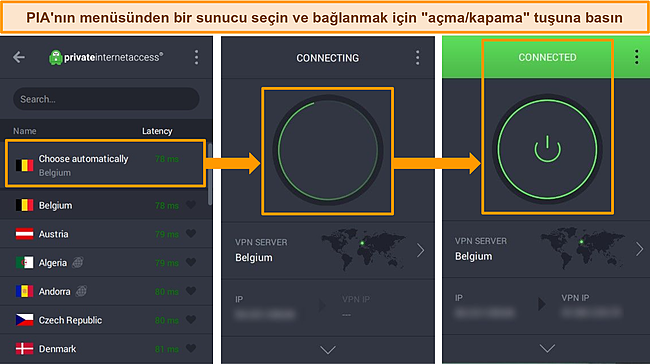 Bir sunucuya bağlanma talimatlarını i&ccedil;eren PIA Windows uygulamasının ekran g&ouml;r&uuml;nt&uuml;leri.