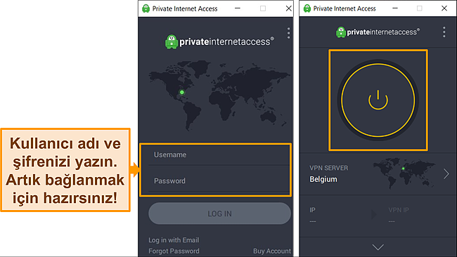 Kullanıcı adı ve parola vurgulanmış olarak oturum a&ccedil;ma ekranında PIA'nın Windows uygulamasının ekran g&ouml;r&uuml;nt&uuml;s&uuml;.