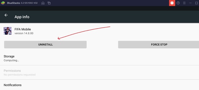 Capture d'écran de désinstallation de l'application Bluestacks