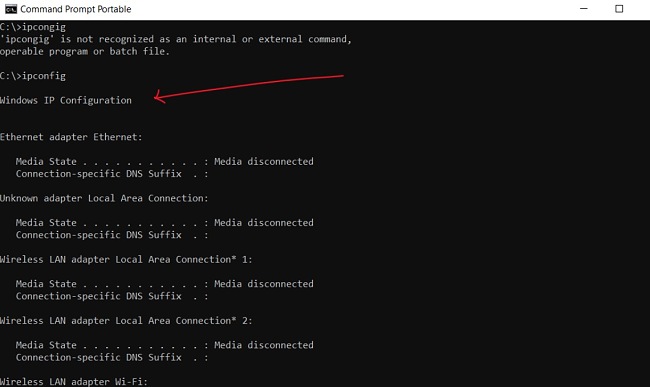 Command Prompt Portable IP configuration