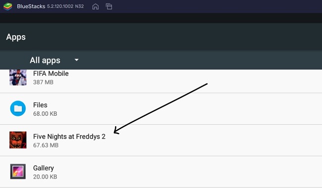 Five Nights at Freddy's 2 apps list on Bluestacks