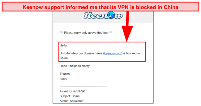 Screenshot of Keenow VPN blocked in China