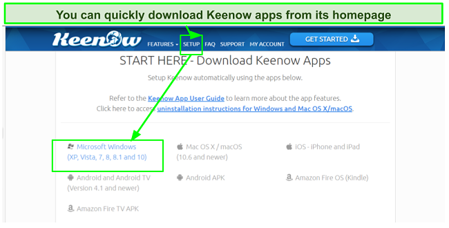 Screenshot of Keenow VPN download link