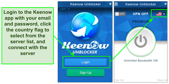 Screenshot of Keenow VPN app interface
