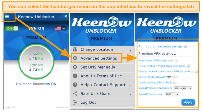 Screenshot showing where to find Keenow's advanced settings on interface.