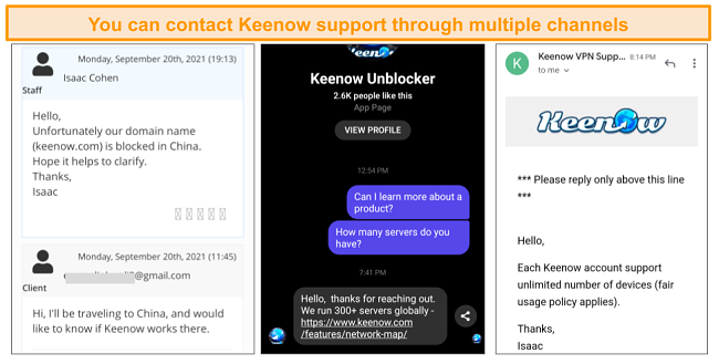 Screenshot of Keenow multiple support channels