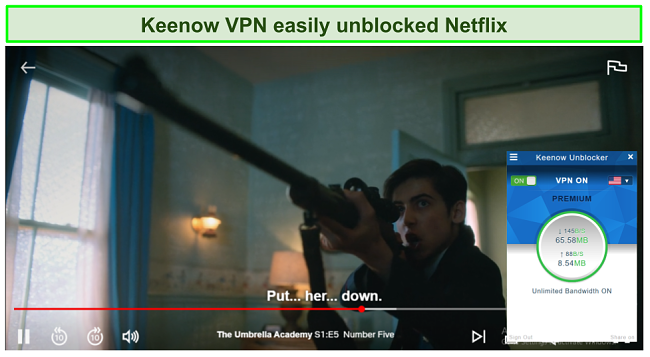 Screenshot of Keenow VPN unblocking Netflix