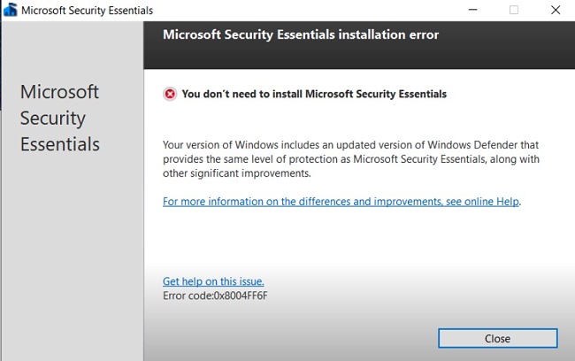 Microsoft Security Essentials installation error