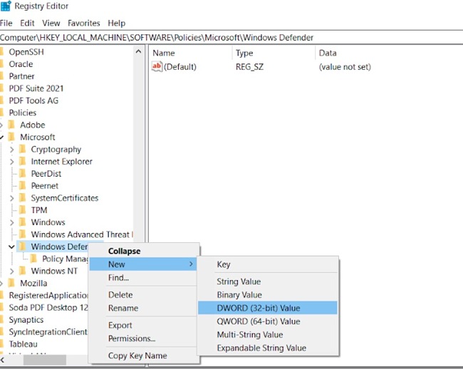 Windows Defender registry editor