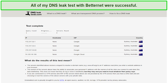 Screenshot of successful DNS leak test with a server in Sydney, Australia.