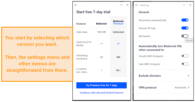 A screenshot of Betternet's in-app settings and subscription tiers.