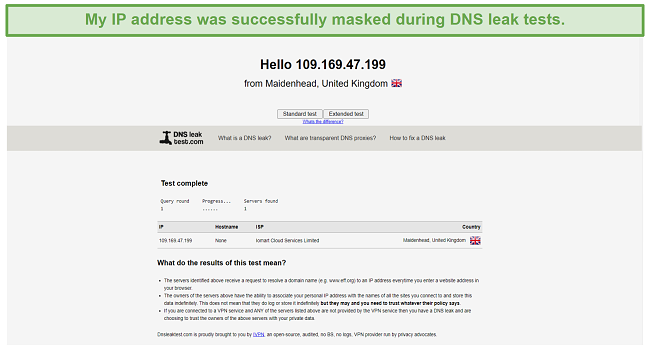Screenshot of DNS Leak Test showing TheSafety successfully mask my IP address.