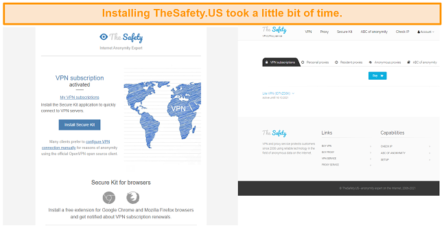 Screenshot of installation process for windows. Displays an email confirming my VPN subscription was activated. Also displays my account information through TheSafety website.