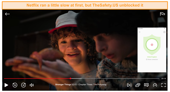 Screenshot of Netflix streaming successfully with TheSafety VPN.