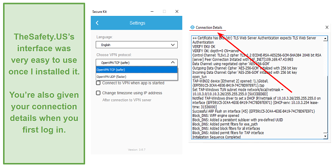 Screenshot of TheSafety interface. Displays settings: allows you to customize features by changing the language, choosing which VPN protocol you'd like to use, connecting to the VPN when the app is started, and changing the time zone of your IP address.