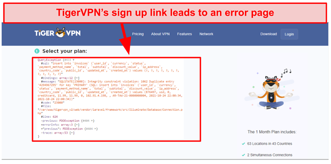 Screenshot of TigerVPN's sign up error page
