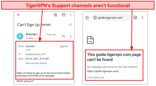 Screenshot of TigerVPN's unresponsive support