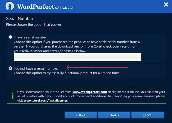 WordPerfect Office activation page