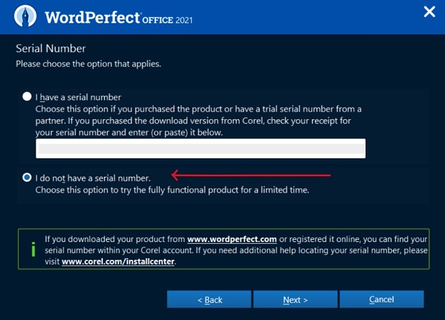 WordPerfect Office activation page