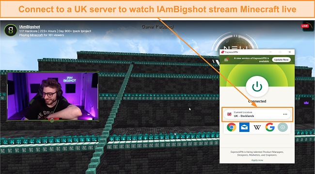 Screenshot of IAmBigshot streaming Minecraft using ExpressVPN