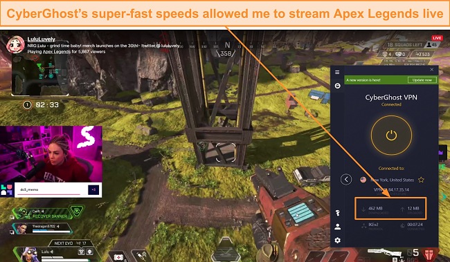 Screenshot of LuluLuvely streaming Apex Legends in HD using CyberGhost