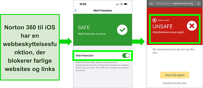 Skærmbillede af Norton 360 til iOS og dens webbeskyttelsesfunktion aktiveret på appen og blokerer et farligt websted.