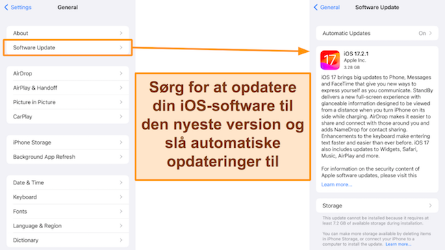 Skærmbillede af iOS opdateringsmulighed