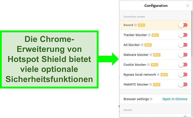 Screenshot der Konfigurationseinstellungen der Chrome-Erweiterung von Hotspot Shield.