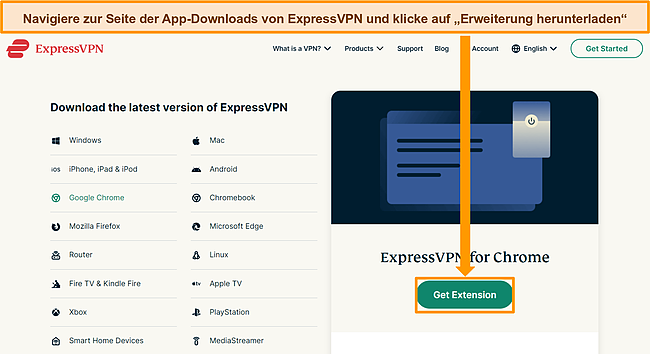 Screenshot der ExpressVPN-Website mit einem Link zum Chrome Web Store zum Herunterladen der Browsererweiterung.