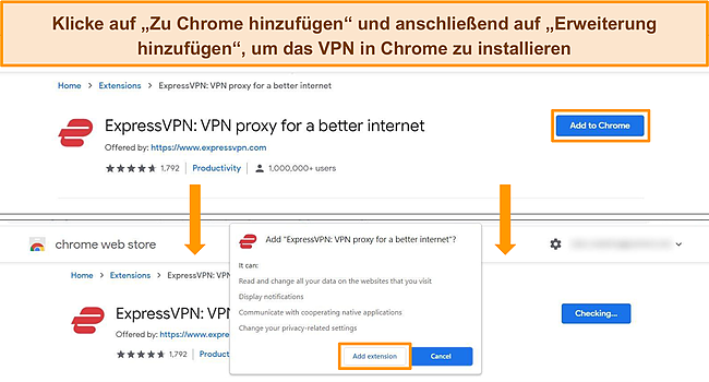 Screenshot des Chrome Web Store, der den Installationsprozess für die ExpressVPN Chrome-Browsererweiterung zeigt.