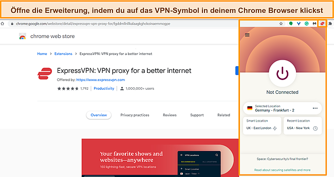 Screenshot der im Chrome-Browser geöffneten Browsererweiterung von ExpressVPN.