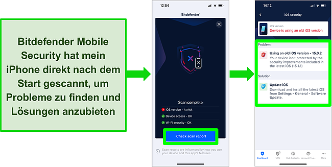 Screenshot von Bitdefender Mobile Security für iOS und die Scan-Ergebnisse der App zeigen eine veraltete iOS-Version.