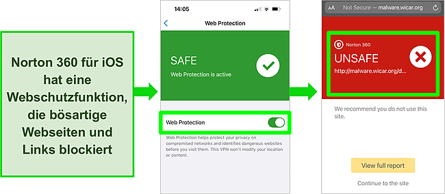 Screenshot von Norton 360 für iOS und seiner Webschutzfunktion, die in der App aktiviert ist und eine gefährliche Website blockiert.