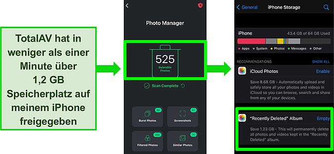 Screenshot von TotalAV Mobile Security für iOS und der Foto-Manager-Funktion.