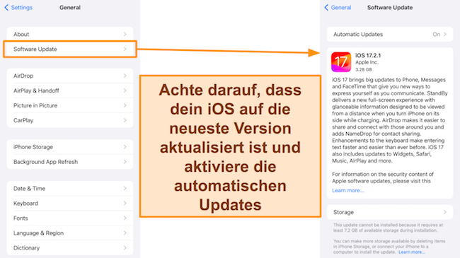 Screenshot der iOS-Update-Option