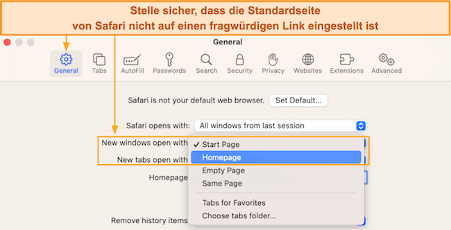 Screenshot der Einrichtung der Safari-Startseite