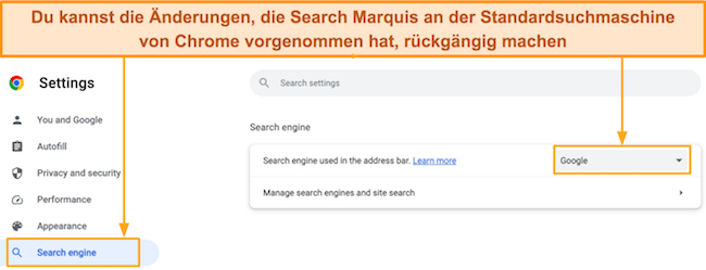 Screenshot, wie Sie in Ihrem Chrome-Browser auf dem Mac die Standardsuchmaschine auf Google einstellen