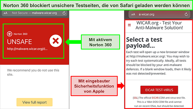 Screenshots von WICAR.org im Safari-Browser, einer von Norton 360 blockiert und der andere mit der integrierten Sicherheit von Apple vollständig geladen.