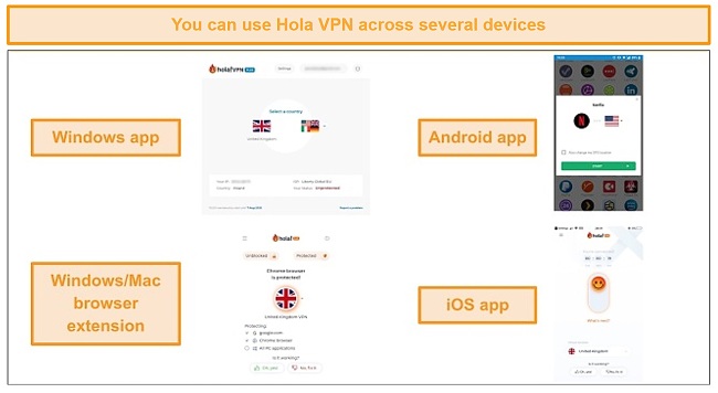 Screenshot of Hola VPN interface on compatible devices