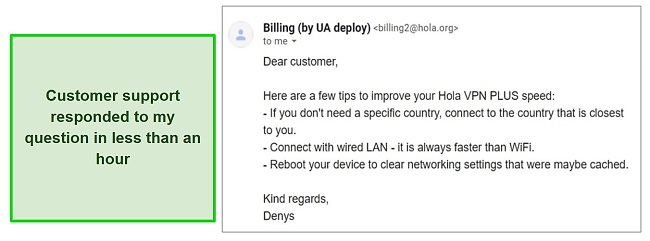 Screenshot of customer support response