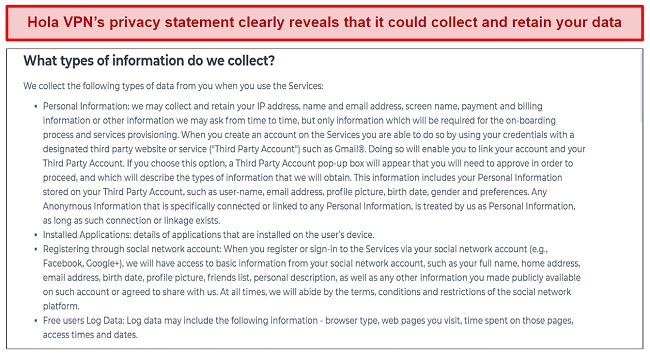 A section of Hola VPN privacy statement