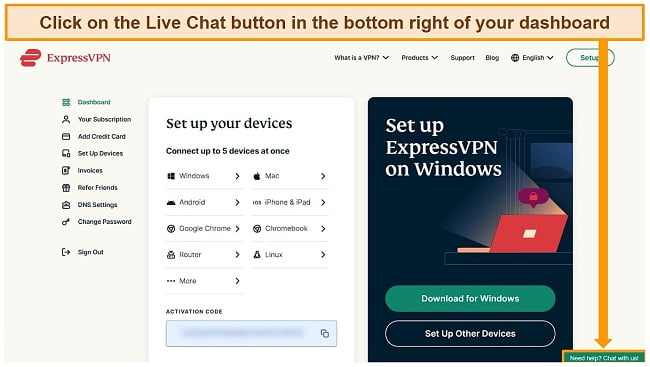 Screenshot of ExpressVPN account dashboard with Live Chat button highlighted.