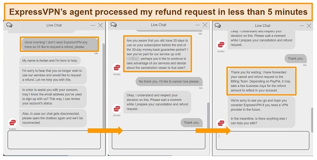 Screenshots of ExpressVPN's live chat agent processing a refund request.