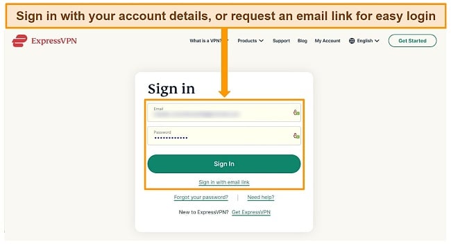 Screenshot of ExpressVPN's login page.
