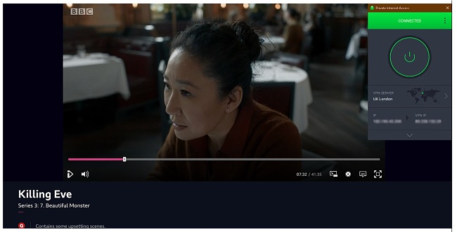 Screenshot showing PrivateVPN unblocking BBC iPlayer and streaming Killing Eve after connecting to a UK server