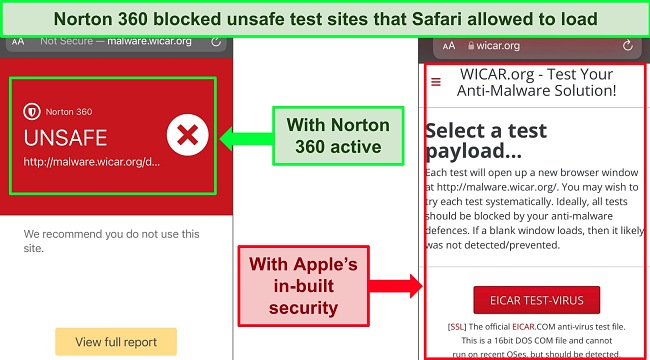 Screenshots of WICAR.org on the Safari browser, one blocked by Norton 360 and the other fully loaded using Apple's in-built security.
