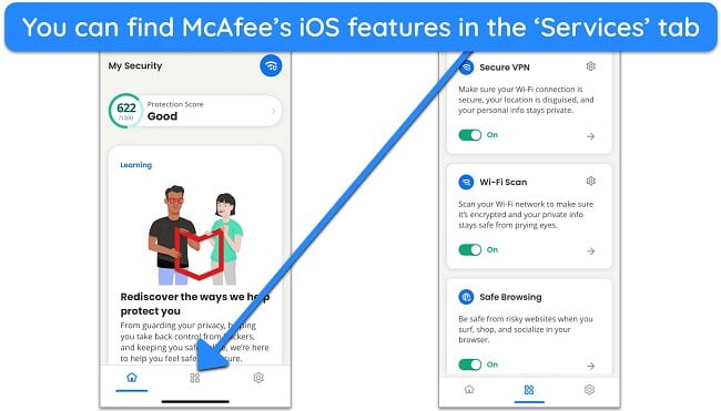 Screenshot of how to access McAfee's features on its iOS app