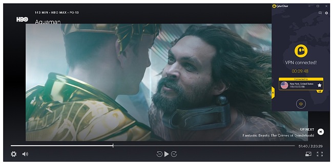 Screenshot of CyberGhost unblocking HBO Max and streaming Aquaman in HD