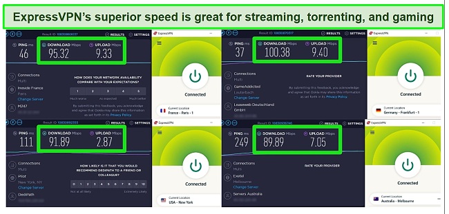 Screenshot of ExpressVPN speed tests and fast speeds on different servers